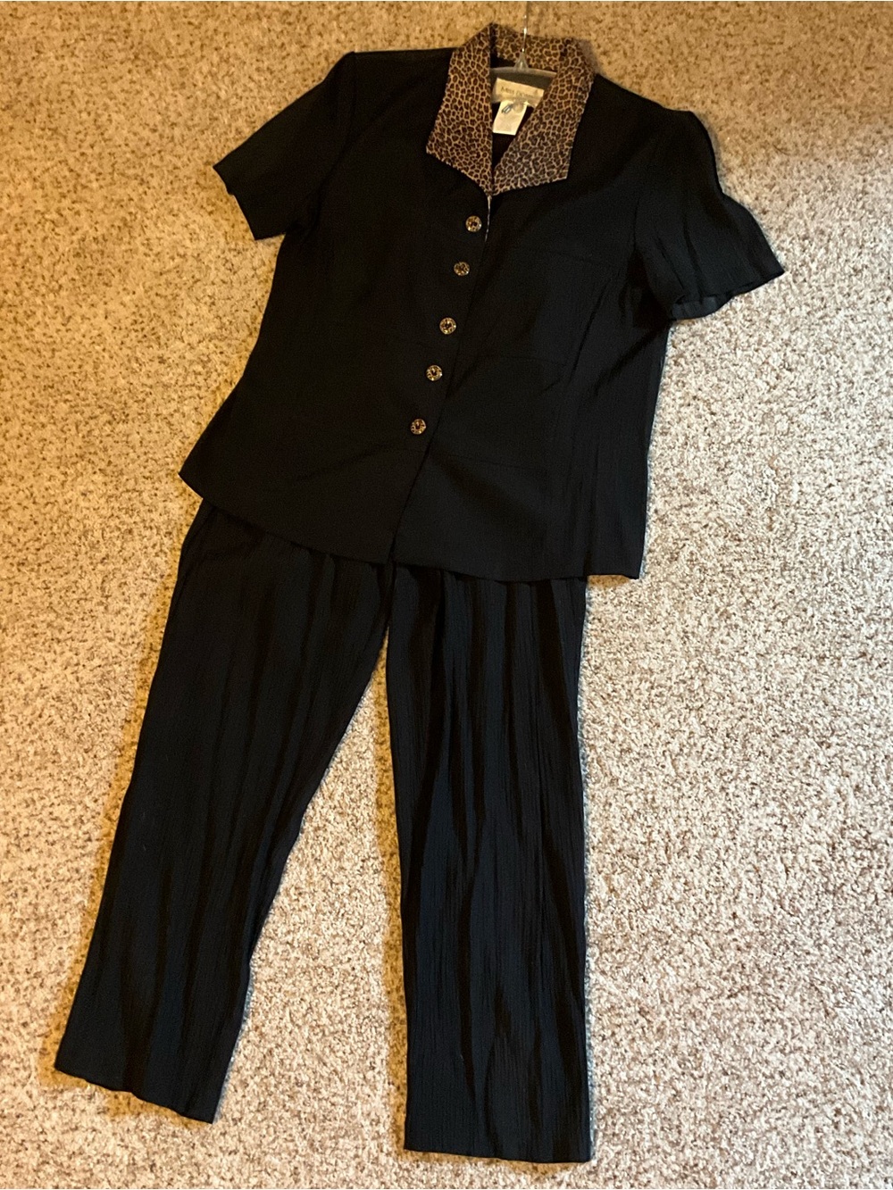 Black Leopard Trimmed Short Sleeve Pant Suit Size 12